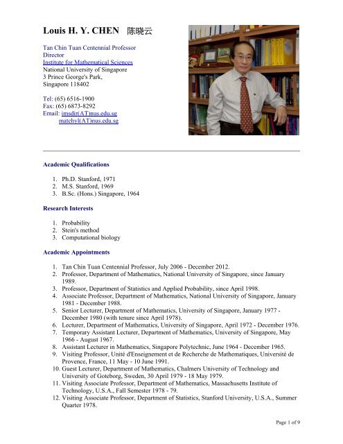 Louis H. Y. CHEN 陈晓云 - Institute for Mathematical Sciences