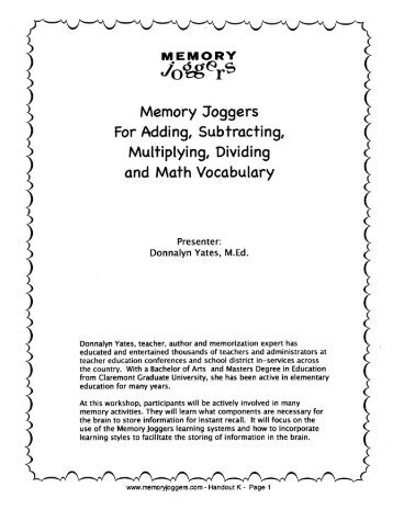 Memory Joggers for Adding Subtracting Multiplying Dividing