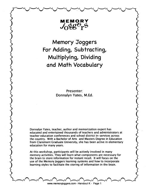 Memory Joggers for Adding Subtracting Multiplying Dividing