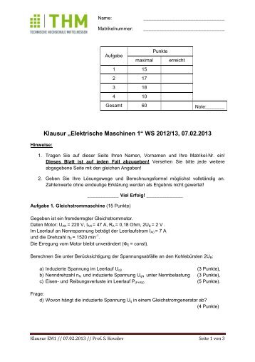 Klausur âElektrische Maschinen 1â WS 2012/13, 07.02.2013 - IEM