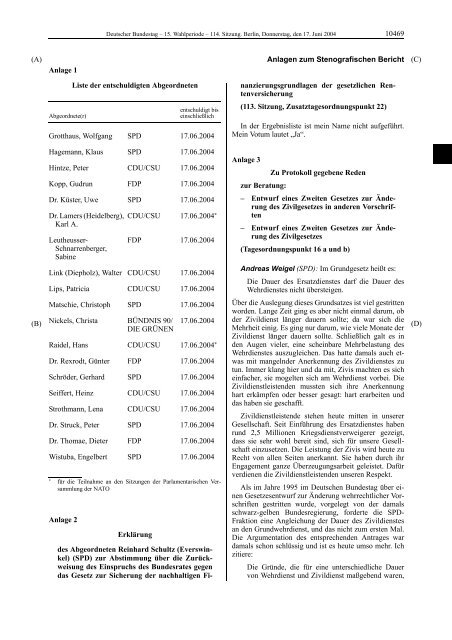 Stenografischer Bericht: 114. Sitzung - Deutscher Bundestag