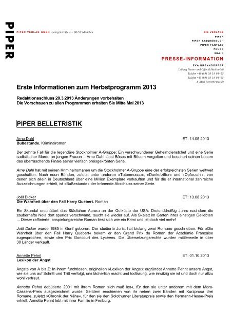 Erste Informationen zum Herbstprogramm 2013 - Piper Verlag