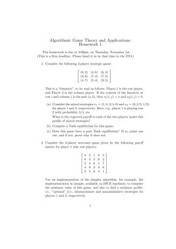 Algorithmic Game Theory and Applications: Homework 1