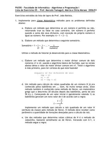 Algoritmos e Programação I Lista de Exercícios 05 – Prof. Marcelo ...