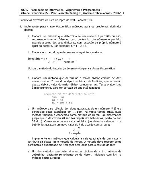 Algoritmos e Programação I Lista de Exercícios 05 – Prof. Marcelo ...