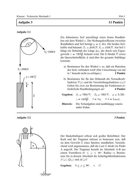Page 1 Klausur - Technische Mechanik I F04-3 Aufgabe 3 11 Punkte ...