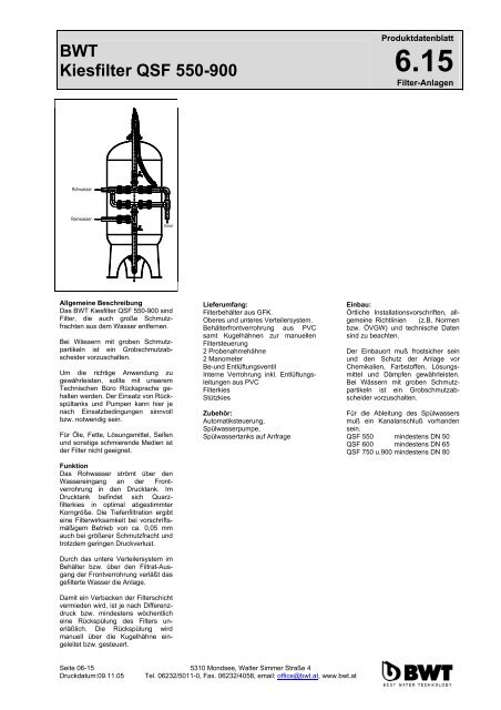 BWT Kiesfilter QSF 550-900 - Produktdatenblatt