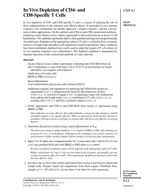 In Vivo Depletion of CD4- and CD8-Specific T Cells - IMBA