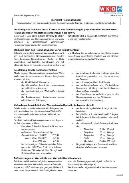 Merkblatt Heizungswasser Verhütung von Schäden durch Korrosion ...