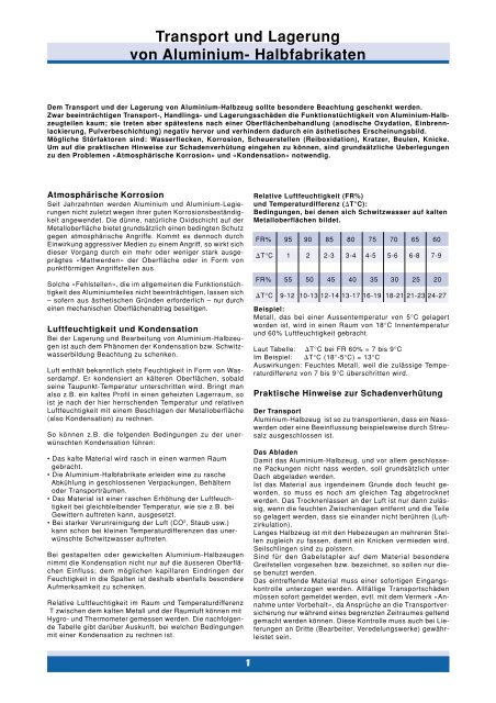 Transport und Lagerung von Aluminium- Halbfabrikaten