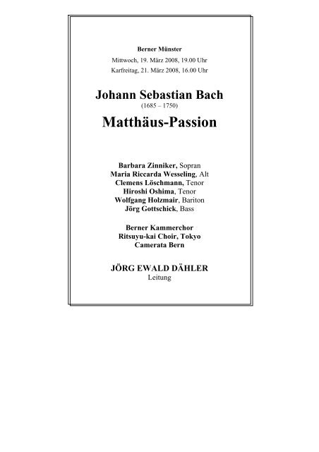 Matthäus-Passion - Berner Kammerchor