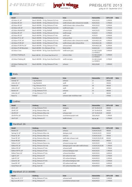 Haibike Preisliste 2013 CHF