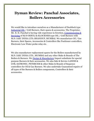 Dyman Review: Panchal Associates, Boilers Accessories