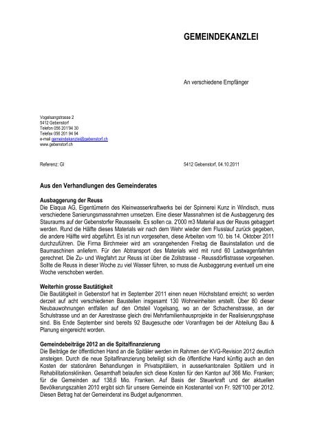 Gemeinderatsnachrichten vom 6. Oktober 2011