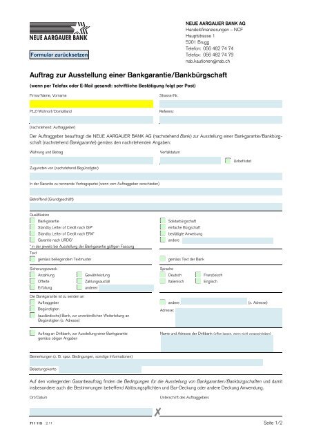 Auftrag zur Ausstellung einer Bankgarantie/Bankbürgschaft 