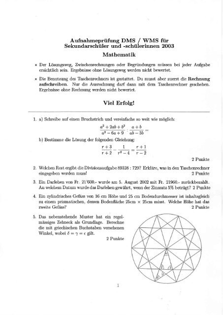 FMS Aufnahmeprüfung 2003 Mathematik