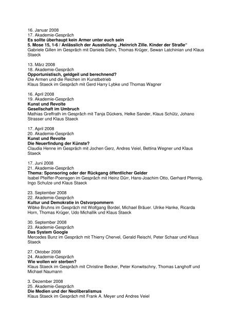 Liste aller Akademie-Gespräche - Akademie der Künste