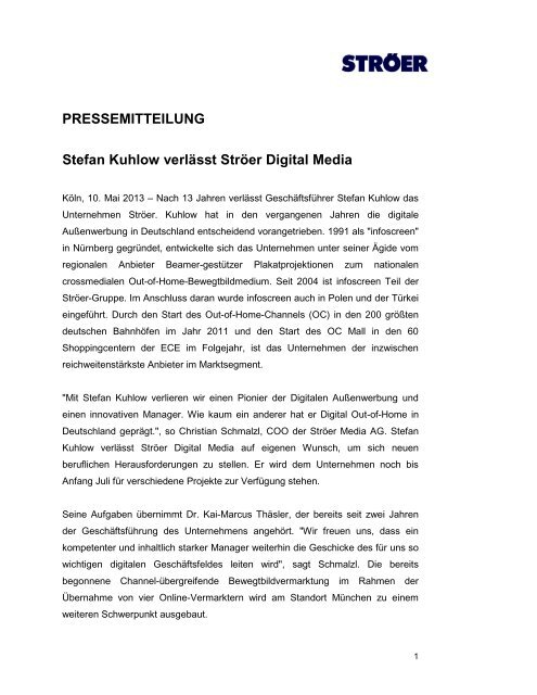PRESSEMITTEILUNG Stefan Kuhlow verlässt Ströer ... - Infoscreen