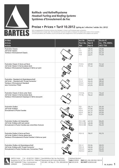 Preise Einzelkomponenten - Bartels