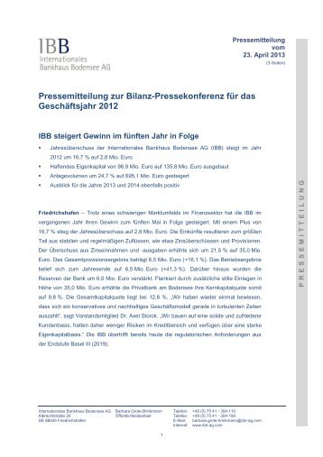 Pressetext Peter Kürn: - IBB - Internationales Bankhaus Bodensee AG