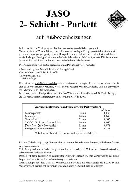 2-Schichtparkett auf Fussbodenheizung - Jaso