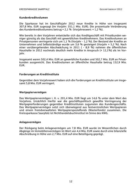 Geschäftsbericht 2012 - Kreissparkasse Saarpfalz