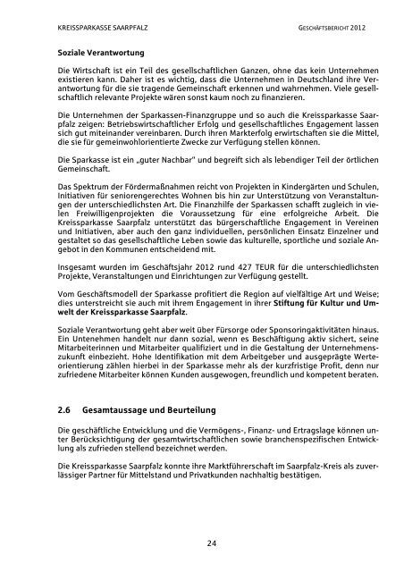 Geschäftsbericht 2012 - Kreissparkasse Saarpfalz