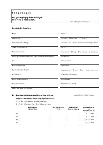 Fragebogen für geringfügig Beschäftigte ab 2013 (bis 450,00 EUR)