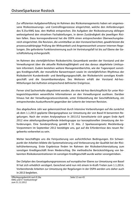 Offenlegungsbericht 2012 - OstseeSparkasse Rostock