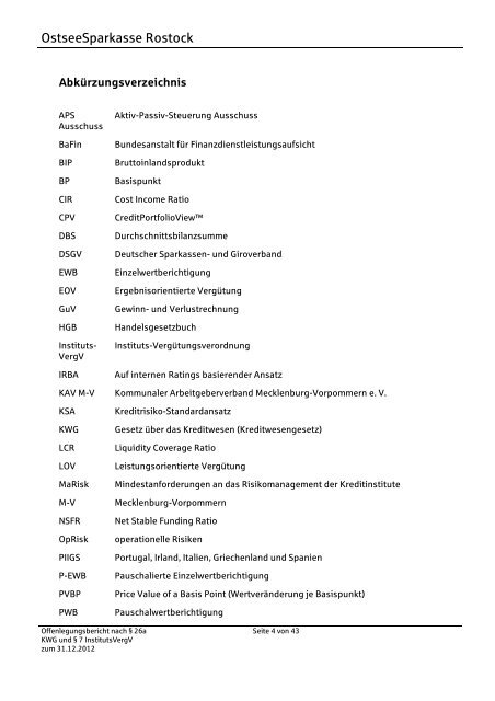 Offenlegungsbericht 2012 - OstseeSparkasse Rostock