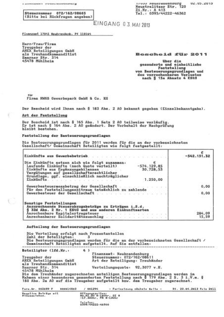 Steuerbescheid 2011 - RWNB
