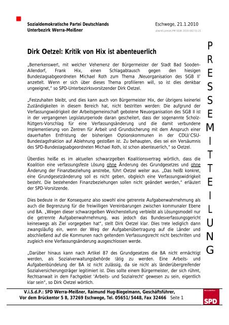 Dirk Oetzel: Kritik von Hix ist abenteuerlich - SPD - Werra-Meißner