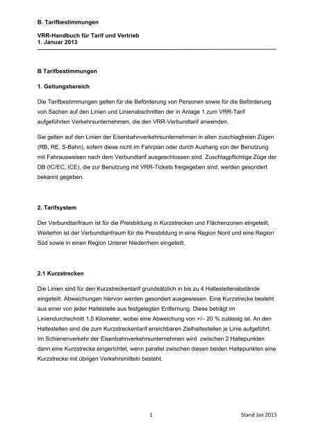 B. Tarifbestimmungen VRR-Handbuch für Tarif und Vertrieb 1 ... - Evag
