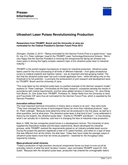 Presse- Information Ultrashort Laser Pulses ... - TRUMPF.com