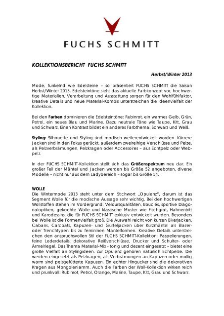 KOLLEKTIONSBERICHT F.S.-FUCHS &amp; SCHMITT
