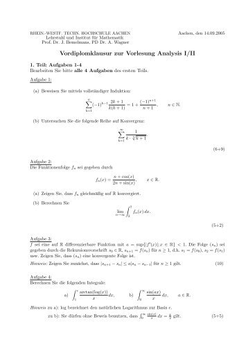 Vordiplomklausur zur Vorlesung Analysis I/II - Institut fÃ¼r Mathematik