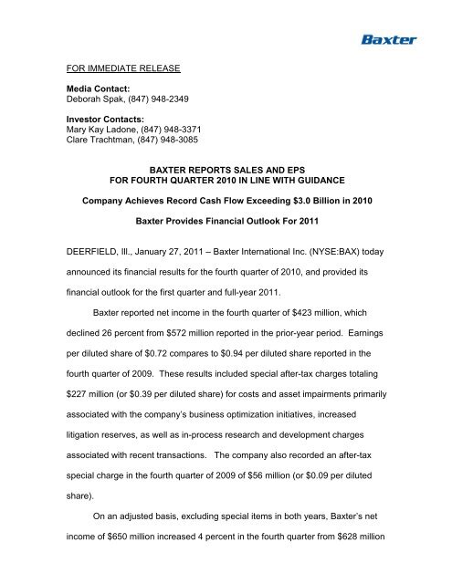 FINAL Q4 2010 Earnings Press Release - Baxter