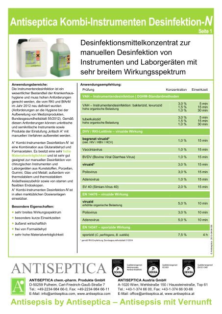 Produktinformation Antiseptica Kombi – Instrumenten Desinfektion N