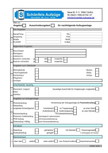 Angebotsformular für Aufzugsanlagen - Schönfels Aufzüge GmbH ...