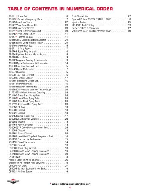 BRIGGS & STRATTON SERVICE TOOLS CATALOG