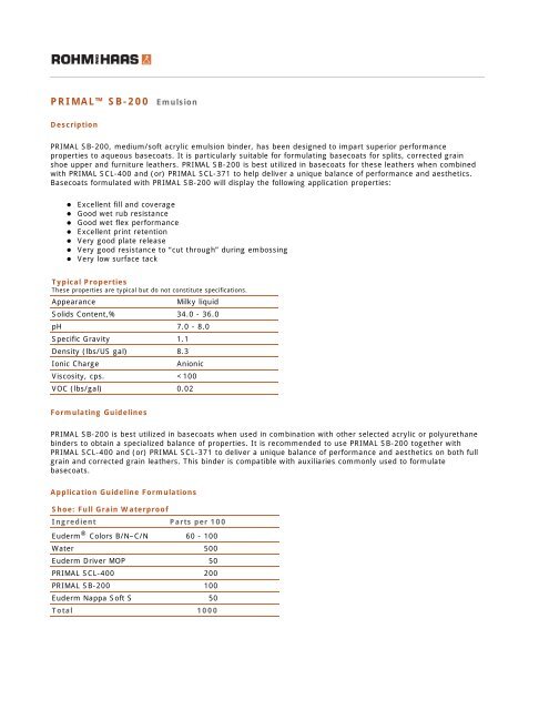 Primal SB-200 -- Technical Data Sheet - The Dow Chemical Company