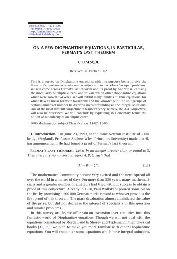 on a few diophantine equations, in particular, fermat's last theorem