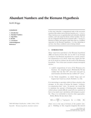 Abundant Numbers and the Riemann Hypothesis - Project Euclid