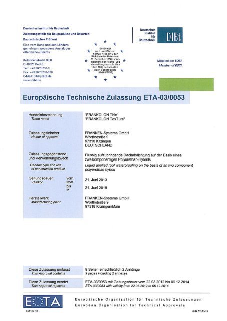 Europäische Technische Zulassung ETA030053 FRANKEN