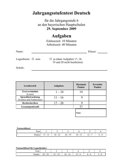 Jahrgangsstufentest Deutsch Aufgaben - ISB