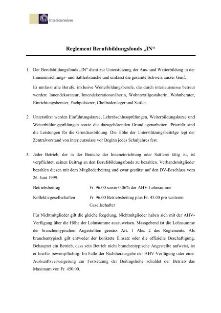 Reglement Berufsbildungsfonds - Interieursuisse