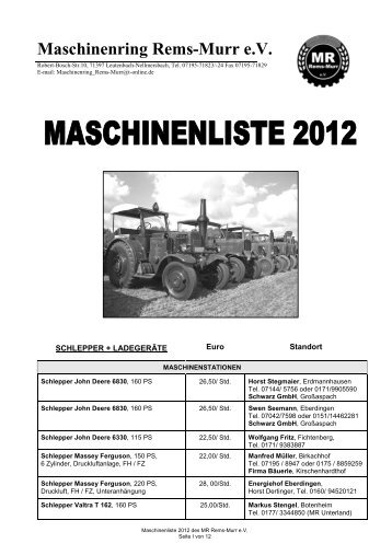 Maschinenliste 2012 - Maschinenring Rems-Murr eV