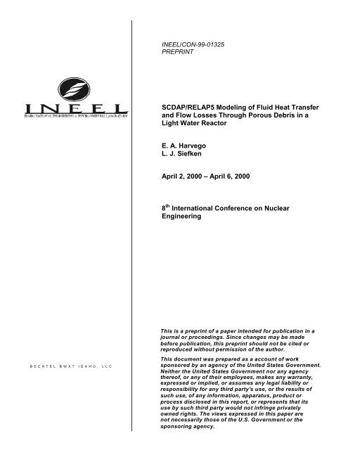 SCDAP/RELAP5 Modeling of Fluid Heat Transfer and Flow Losses ...