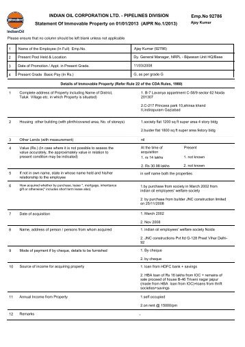 INDIAN OIL CORPORATION LTD. - PIPELINES DIVISION Statement ...