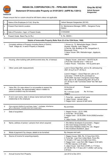 INDIAN OIL CORPORATION LTD. - PIPELINES DIVISION Statement ...